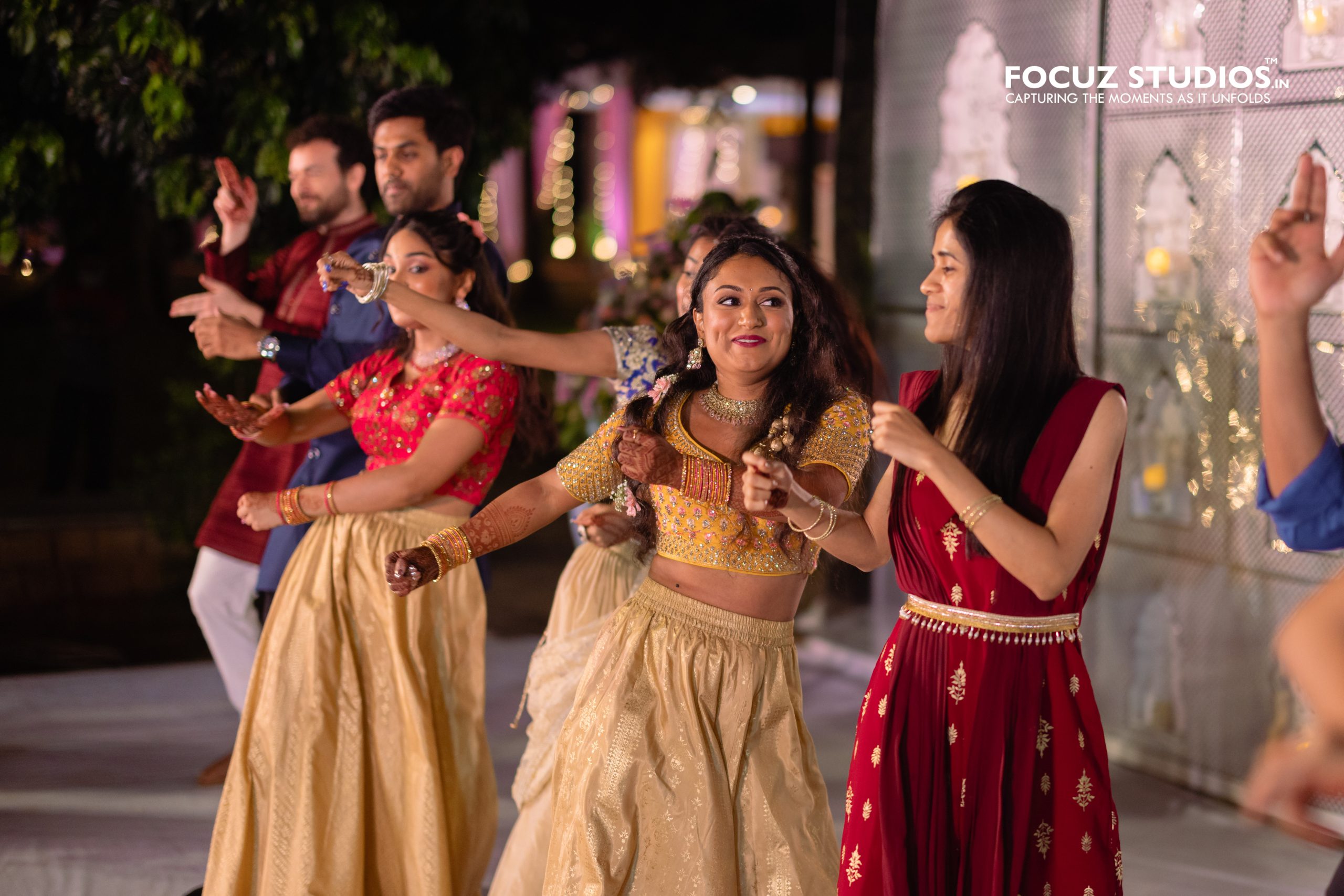 Bride and friends dancing during Chennai Sangeet