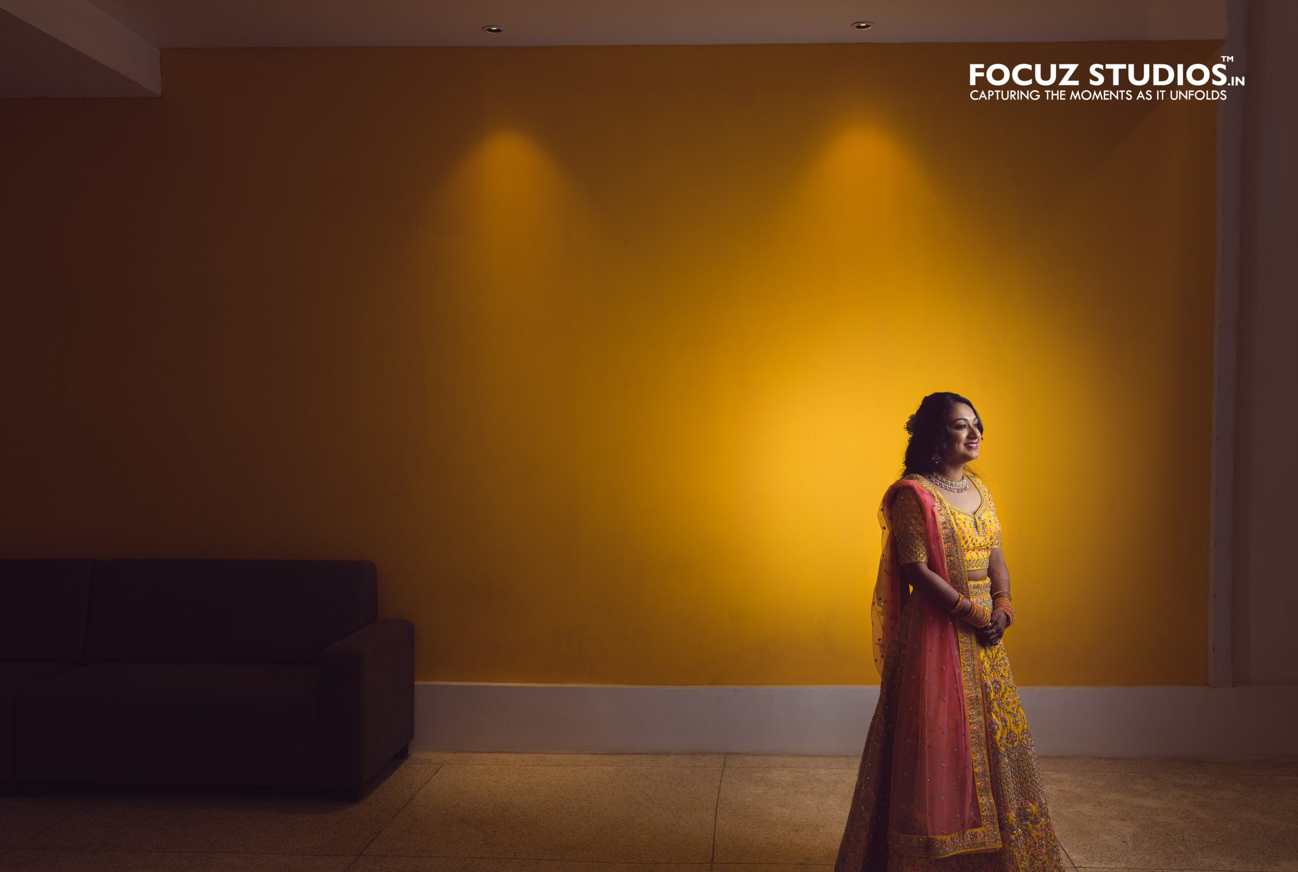 Colourful bridal portrait during Sangeet photography in Chennai